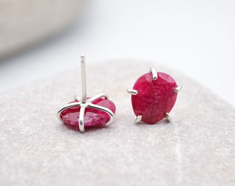 Natural Ruby Studs: Rose Cut Sterling Silver Gemstone Earrings