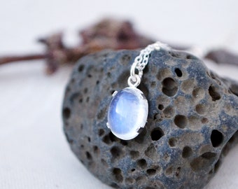 Rainbow Moonstone Necklace: Sterling Silver Oval Drop, June Birthstone