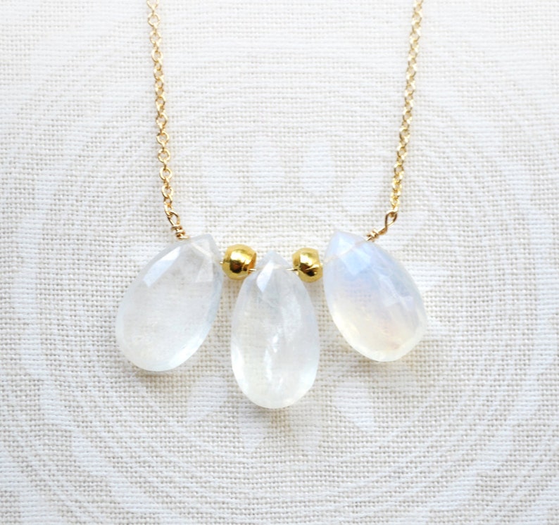 delicate everyday jewelry bridal necklace small rainbow moonstone trio drop necklace june birthstone