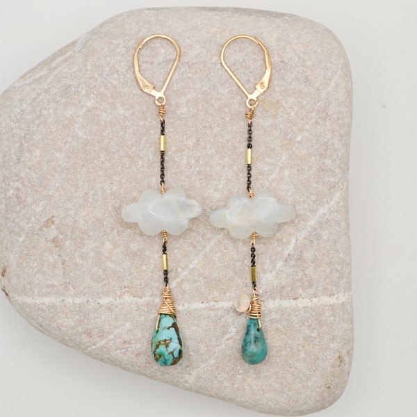 moonstone + turquoise + opal earrings // long dangle earrings in mixed metals • nature inspired • cloudy day earrings # 4 • READY TO SHIP