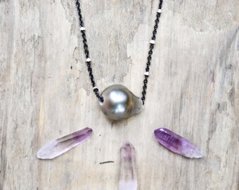 Gray Tahitian Pearl Necklace: Sterling Silver Layering Necklace