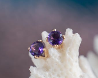 Dainty Amethyst Stud Earrings: 3mm Sterling Silver or Gold, February Birthstone