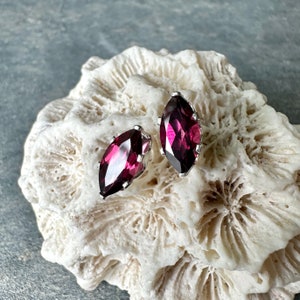 pink garnet stud earrings /// large 10x5mm marquise cut natural pink purple rhodolite garnet set in silver or gold • january birthstone