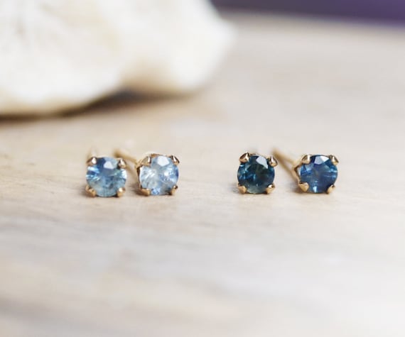 Blue Sapphire Stud Earrings: Tiny 3mm Natural Sapphires, 14k Gold or Sterling Silver
