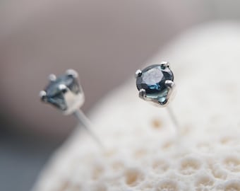 Blue Sapphire Stud Earrings: 4mm Sterling Silver, September Birthstone