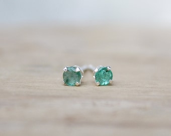 Emerald Stud Earrings: Tiny 3mm Zambian Emeralds, Sterling Silver or Gold-Filled, Birthstone Gift