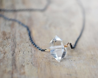 Herkimer Diamond Necklace: Raw Quartz Crystal, Oxidized Silver