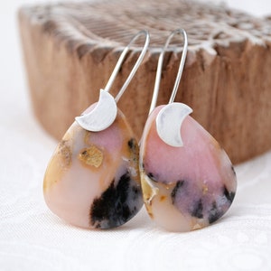 pink opal earrings /// natural pink opal gemstone dangle earrings with sterling silver moon crescents • ooak gift for her • READY TO SHIP