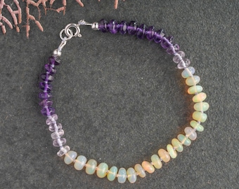 Beaded Bracelet: Fire Opal, Amethyst Jewelry, Hand Knotted Gemstone, Sterling Silver