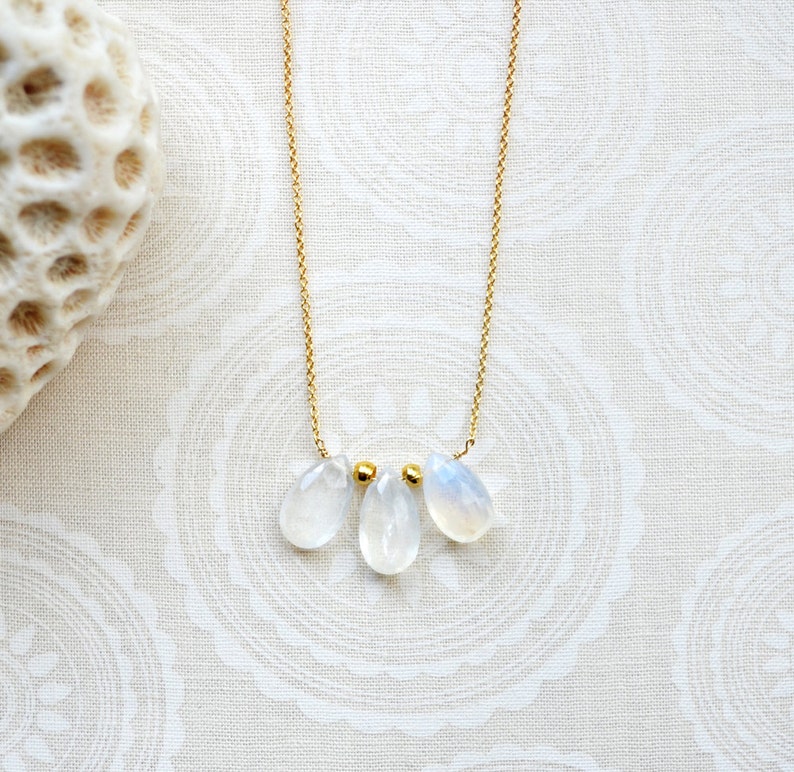 delicate everyday jewelry bridal necklace small rainbow moonstone trio drop necklace june birthstone