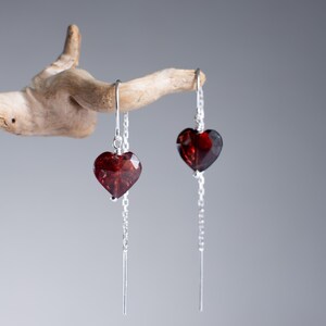 Mozambique Garnet Heart Earrings: 14k Gold-Fill Threaders, January Birthstone