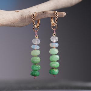 chrysoprase + moonstone earrings // Australian green chrysoprase knotted on pink silk w 14k gold-fill hoops • ombré gemstone dangle earrings
