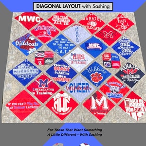 以下が含まれることがあります： 27 個の大きなグラフィックブロックと 8 個の小さなブロックを対角線状に配置したキルトのデザイン。キルトは 66 インチ x 66 インチで、赤、青、白、グレーなど、さまざまな色とデザインが施されています。キルトはサッシングテクニックで作られており、キルトブロックに装飾的なボーダーが追加されています。