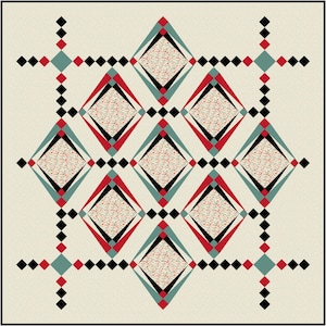 May include: Geometric pattern on a cream background. The design features a repeating pattern of diamonds in red, black, and teal, with a floral-like pattern in the center of each diamond. The pattern is framed by a black border.