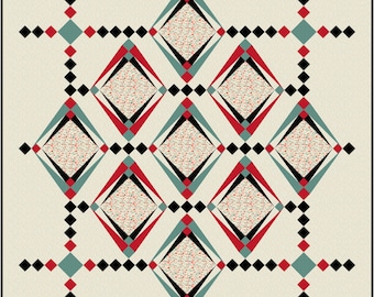 Op de afbeelding: Geometrisch patroon op een crèmekleurige achtergrond. Het ontwerp toont een herhalend patroon van ruiten in rood, zwart en blauwgroen, met een bloemachtig patroon in het midden van elke ruit. Het patroon wordt omlijst door een zwarte rand.