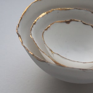 Set of 3 miniature English fine bone china nesting stoneware bowls with real gold. image 1