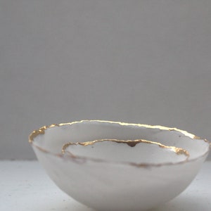 Set of 2 English fine bone china miniature nesting stoneware bowls with real gold