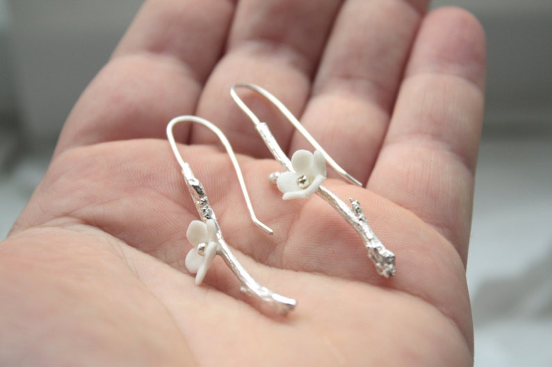 Solid sterling silver earrings with stoneware porcelain flowers cherry blossom branch silver twig earrings branch jewelry image 4
