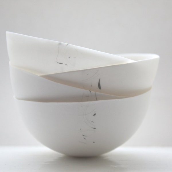Stoneware English fine bone china bowl with a minimal strip of black strokes - ring dish - ring holder