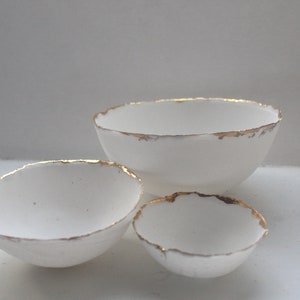 Set of 3 miniature English fine bone china nesting stoneware bowls with real gold. image 2