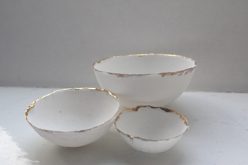 Set of 3 miniature English fine bone china nesting stoneware bowls with real gold. image 2