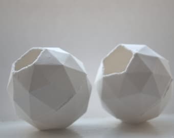 Geometric faceted polyhedron white vase made from stoneware fine bone china -  geometric decor