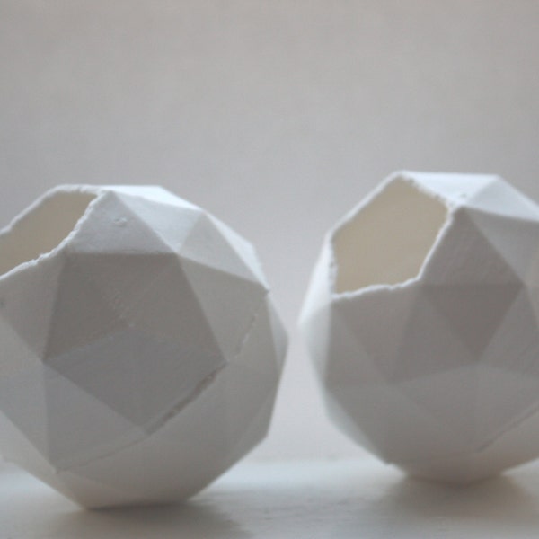 Geometric faceted polyhedron white vase made from stoneware fine bone china -  geometric decor