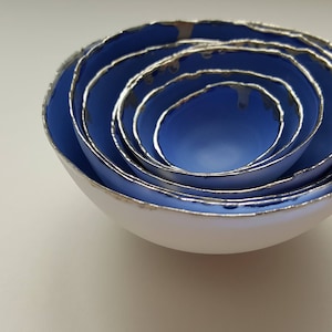 Set of 7 stoneware fine bone china nesting bowls in blue and white with real platinum finish. Gift for her