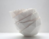 Geometric faceted polyhedron white bowl made from stoneware bone china with real gold finish in four sizes -  geometric decor - ring dish