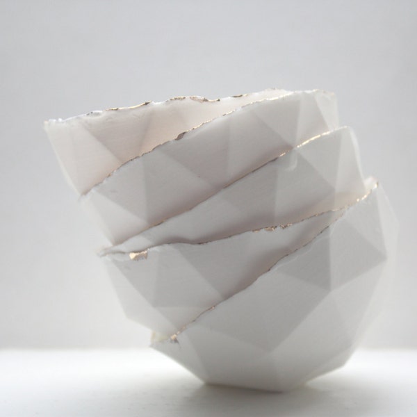Geometric faceted polyhedron white bowl made from stoneware bone china with real gold finish in four sizes -  geometric decor - ring dish