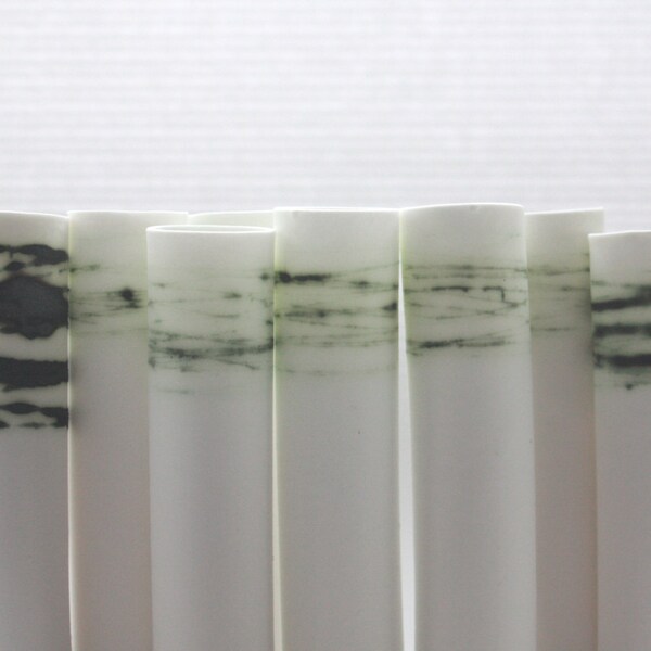 Tube vase made from English fine bone china with green strokes - bud vase