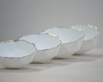 Nesting bowls. Set of 4 geometric faceted polyhedron fine bone china nesting stoneware bowls with real gold.