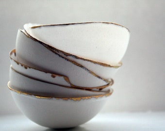 Fine bone china small stoneware bowl with real gold, white porcelain bowl,