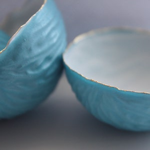 Big walnut shells from stoneware porcelain with blue exterior and real gold, ring dish ring holder image 1