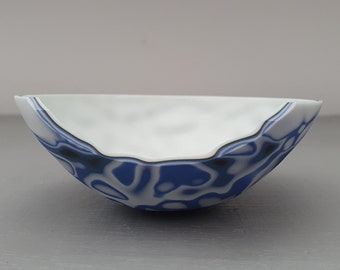 RESERVED Ring dish. Stoneware English fine bone china vessel with a unique finish. Organic pattern in blue white and black.