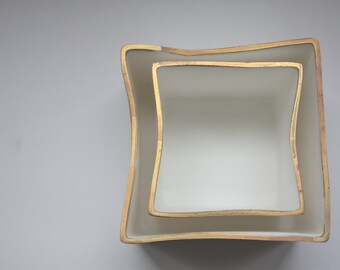 Pure white cube set made from fine bone china and real gold mat rims - geometric decor