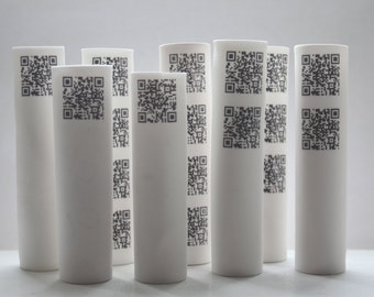 Tube vase made from English fine bone china with QR codes - bud vase