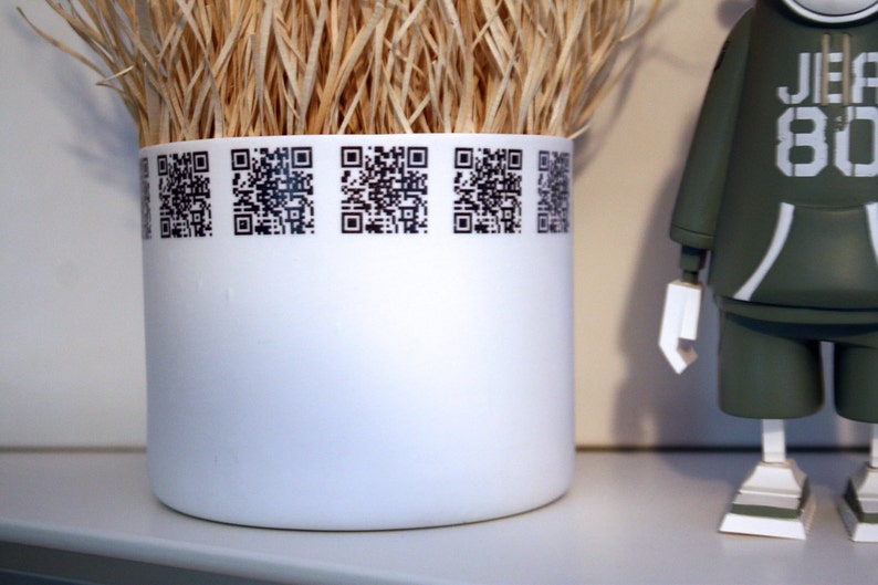 White porcelain vase. Stoneware English fine bone china round vessel & QR code ceramic transfer. Very thin and translucent. image 4