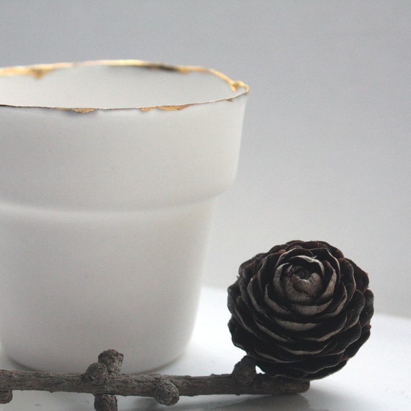 White and gold finish pot. Small English fine bone china planter with real gold rim - outdoor decor