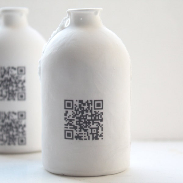 Porcelain bottle. Fine bone china small white bottle with QR code - bud vase