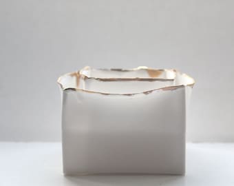 Pure white cube set made from English fine bone china and real gold rims - geometric decor
