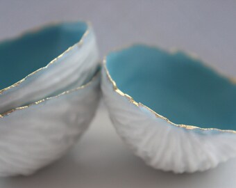 Big walnut shells from stoneware porcelain with blue interior and real gold, - ring dish - ring holder