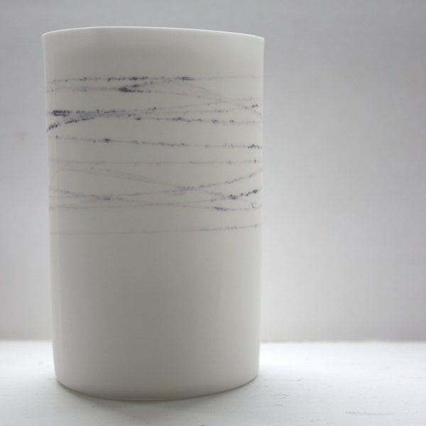 Cylindrical shaped small vase made from English fine bone china with lilac strokes - geometric decor