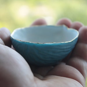 Big walnut shells from stoneware porcelain with blue exterior and real gold, ring dish ring holder image 5