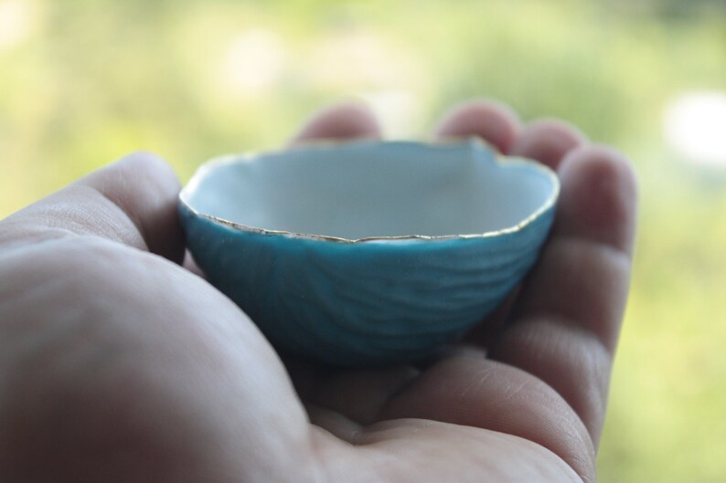 Big walnut shells from stoneware porcelain with blue exterior and real gold, ring dish ring holder image 5