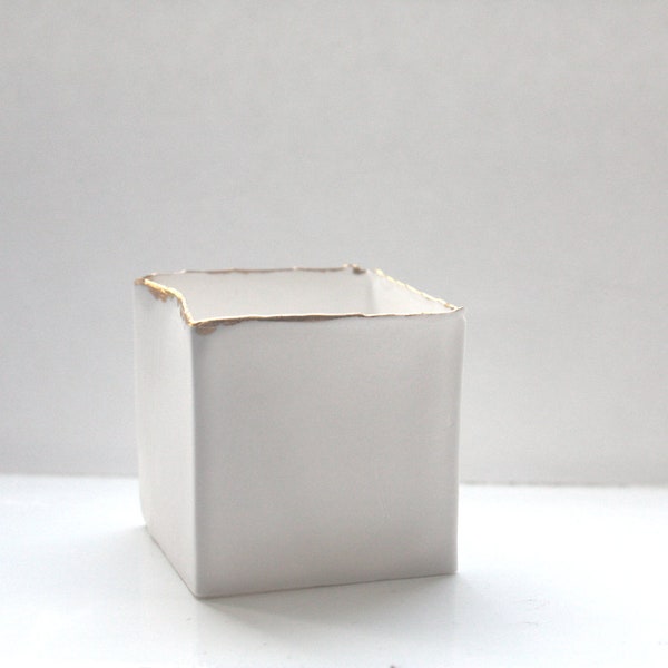 Small snow white cube made from English fine bone china and real gold rims - geometric decor