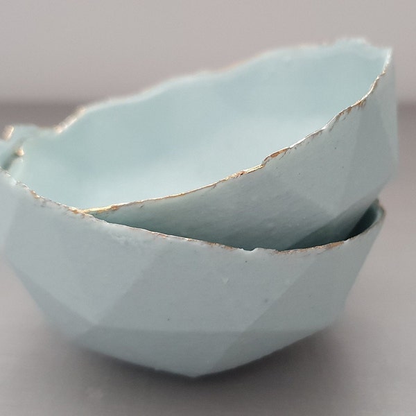 Geometric faceted polyhedron bowl in sky blue made from stoneware Parian porcelain with real gold finish -  geometric decor