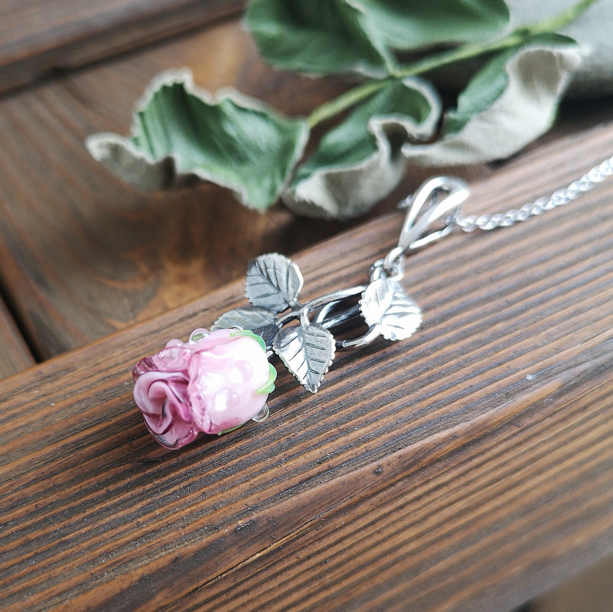 Pink Rose Chain Necklace Pendant Lampwork Flower Necklace Etsy