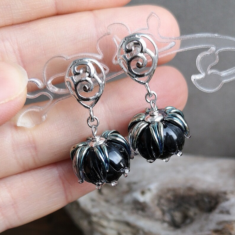 Floral Earrings Solid Brass Silver Earrings Black Earrings Handmade Earrings Silver Black Posts Earrings