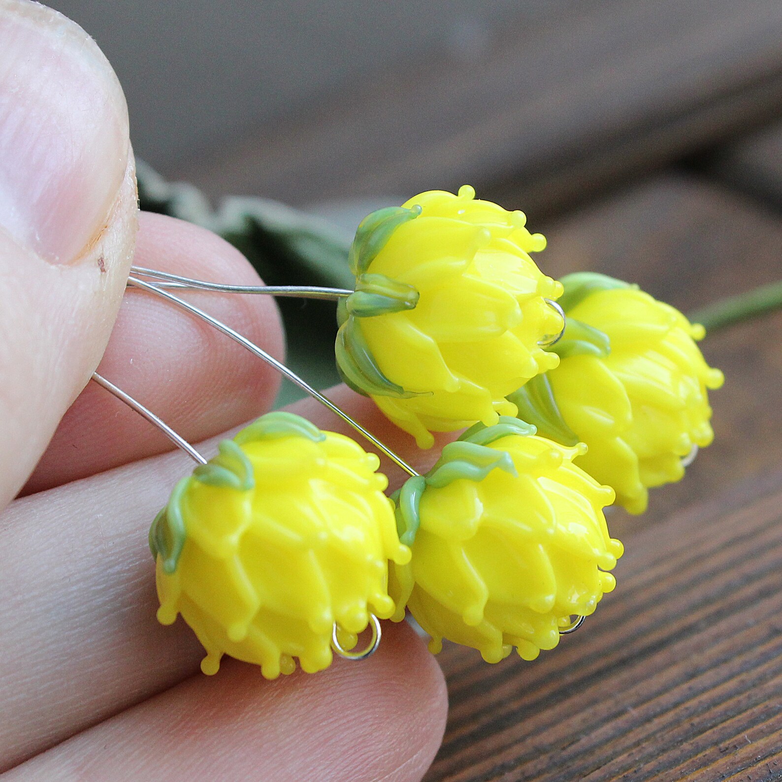 Yellow Lampwork Flower Beads 1 pcs Glass Flower Buds Beads Etsy